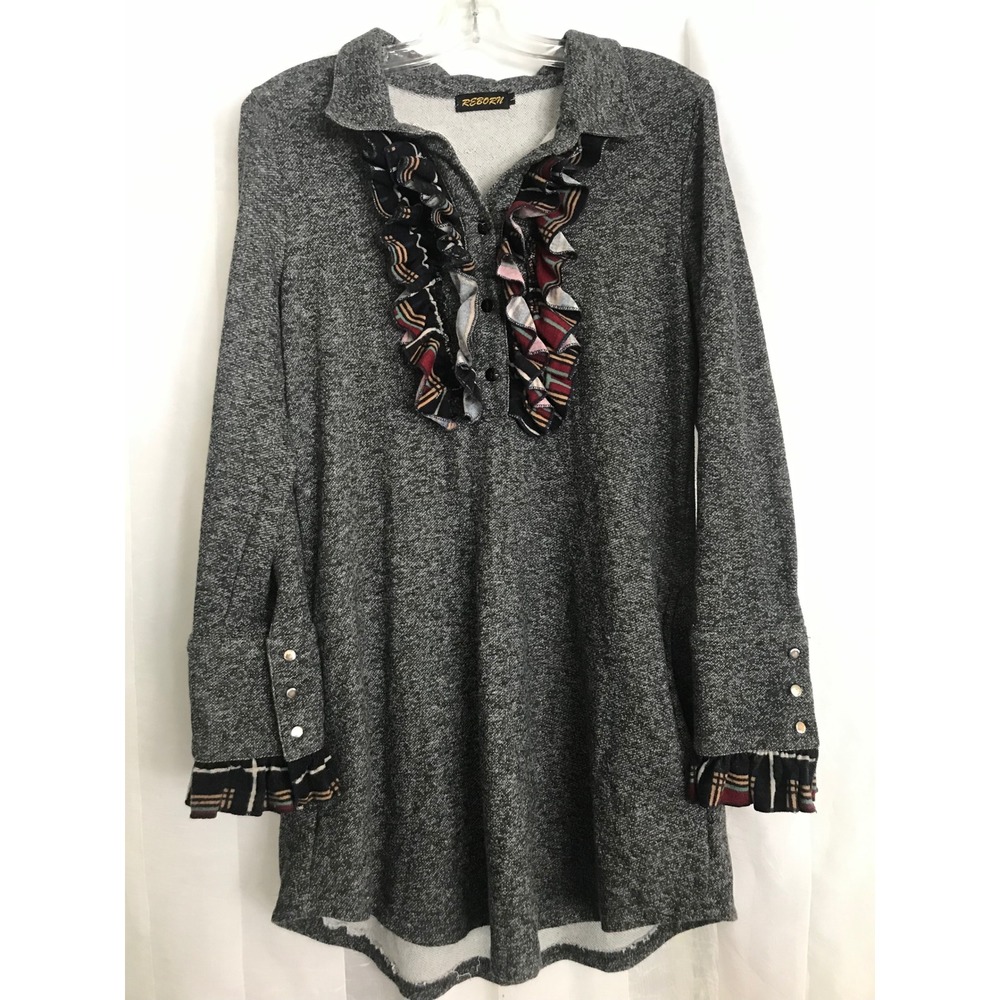 Reborn Gray Heathered Long Sleeve Shirt‎ Dress Plaid Ruffle Collar Cuffs Size L